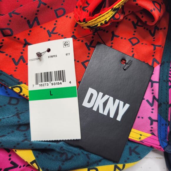 DKNY Rainbow Stripe Logo Tank Mini Dress Spaghetti Strap Red Yellow Pink Large - Picture 8 of 10
